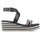 Dior Dway Wedge Sandals Side View in blue Side profile of Dior Dway Wedge Sandals in deep blue embroidered cotton showing striped platform and ankle strap