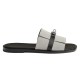 Side profile of Hermes Gabriel grey and black sandals showing canvas strap and metal clasp