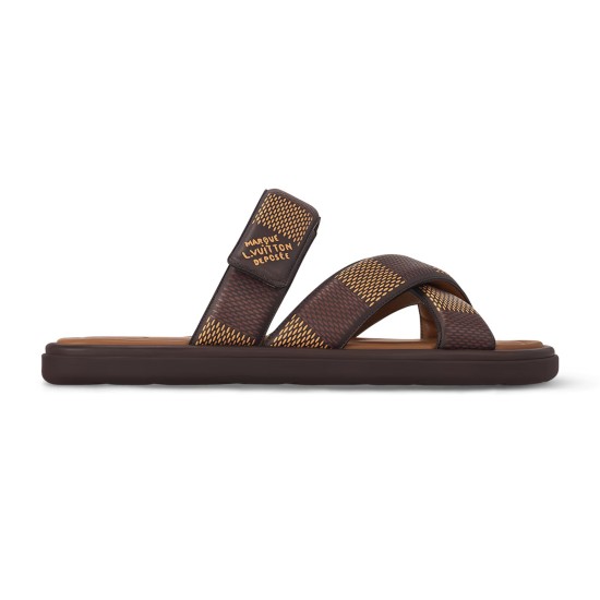 L Venice Mules Brown Lateral View Side profile of the brown L Venice Mules showing the adjustable strap and checkered pattern