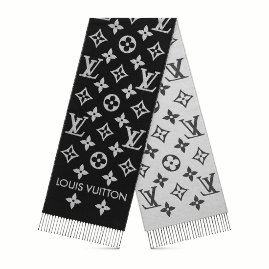 L Women's Monogram Black And White Scarf Full View L Women's Monogram Black And White Scarf showing both sides of the pattern and fringed ends