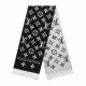 L Women's Monogram Black And White Scarf Full View L Women's Monogram Black And White Scarf showing both sides of the pattern and fringed ends