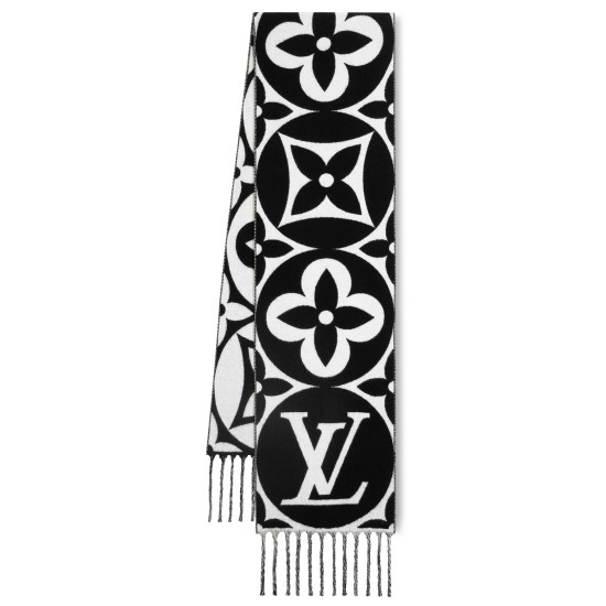 L Women's Medallion Monogram Fringe Black Scarf Studio View in black and white L Women's Medallion Monogram Fringe Black Scarf against a white studio background