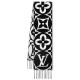 L Women's Medallion Monogram Fringe Black Scarf Studio View in black and white L Women's Medallion Monogram Fringe Black Scarf against a white studio background