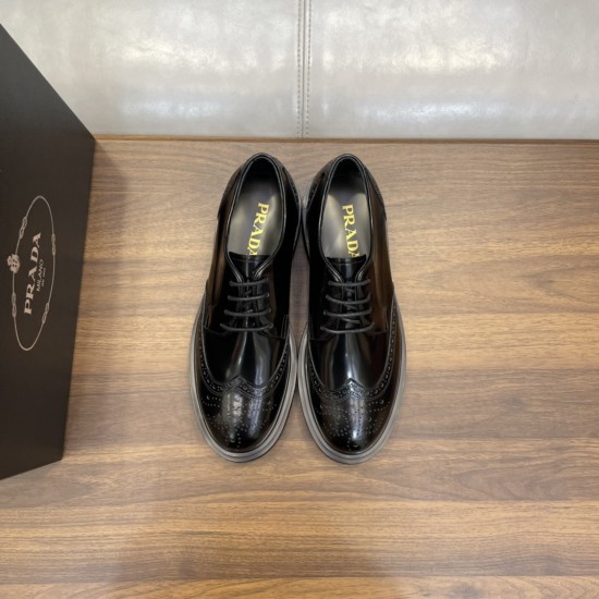 Top view of black Prada Men's Brushed Leather Derby Brogue Shoes Direct top view of black Prada Men's Brushed Leather Derby Brogue Shoes showing lace-up closure