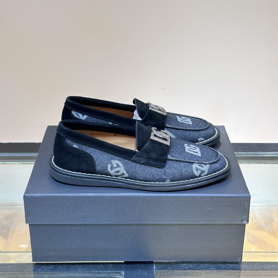 Dolce & Gabbana Men's Logo Denim Loafers Box View in denim and blue Dolce & Gabbana Men's Logo Denim Loafers in blue denim and black suede resting on black shoebox side view