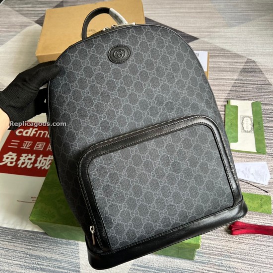 Close-up of Gucci Men's Backpack Details Close-up angled shot showcasing the black leather details and monogram texture of the Gucci Men's backpack