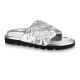 L Silver Pool Pillow Comfort Slides Side Profile in silver and black Side profile view of the L silver Pool Pillow Comfort Slides showcasing the quilted strap and black sole