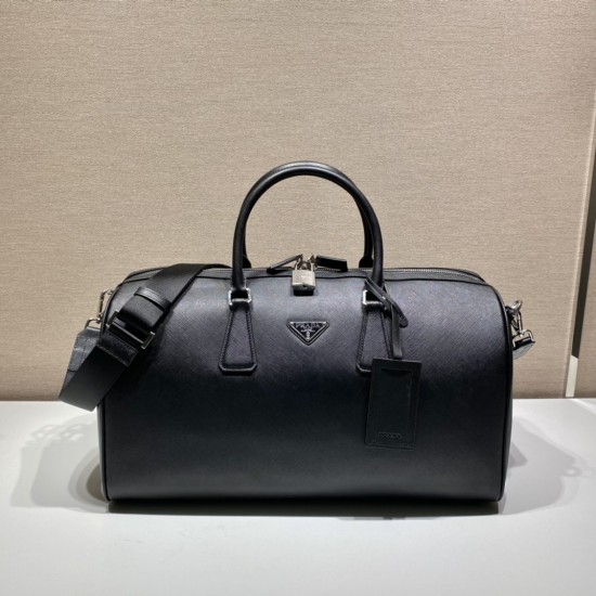 replica TRIANGLE LOGO DUFFLE BAG BLACK LEATHER UK
