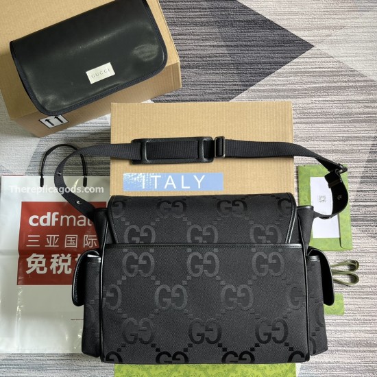 Gucci Men's Men Jumbo Gg Baby Changing Bag In Black Uk top layout Men's Top down perspective of the black changing bag displaying its rear side and adjustable strap