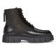 Profile view of black Fendi Men's FF Jacquard And Leather Biker Boots Profile view of black Fendi Men's FF Jacquard And Leather Biker Boots showing the jacquard side panel and thick lug sole