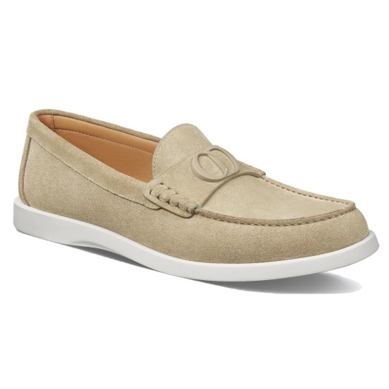 Side profile view of Dior Men's Granville Beige Suede Loafers showing the suede texture, stitching and white sole.