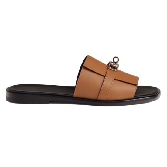 Hermes Gabriel brown leather sandal side profile showcasing silver hardware and black sole