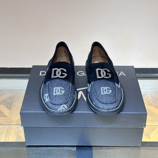 Dolce & Gabbana Men's Logo Denim Loafers Front View in denim and blue Dolce & Gabbana Men's Logo Denim Loafers in blue denim and black suede with silver buckle front view