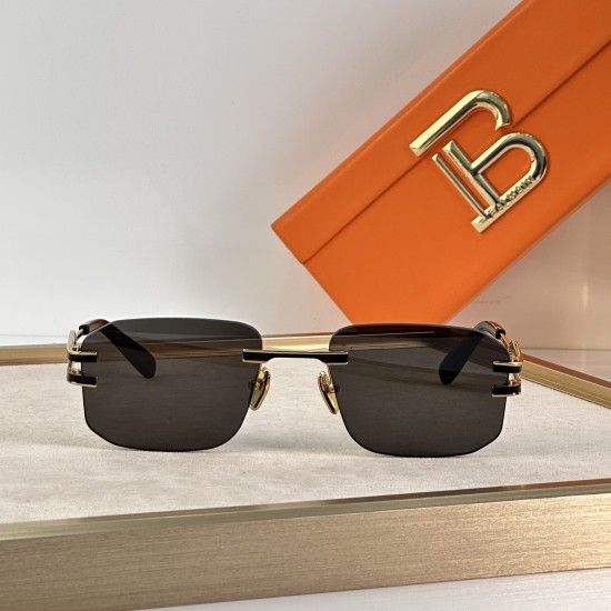 Balmain Men's Sunglasses Front Profile with Case Balmain men's sunglasses front view displayed with an orange branded presentation case