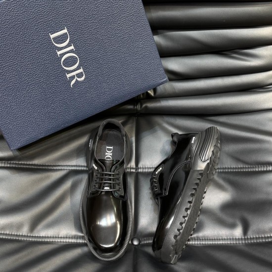 Dior Men's Black Polished Leather Derby Shoes Flat Lay with Box Top and side view of Dior men's black polished leather derby shoes paired with a branded box