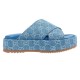Side view of Gucci blue denim platform slide sandals Side profile of Gucci blue denim platform slide sandals showing thick sole