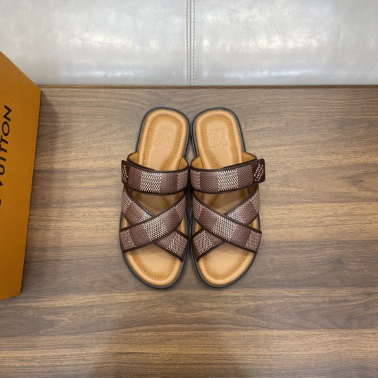 L Venice Mules Brown Overhead View Direct overhead view of both brown L Venice Mules displaying the criss-cross checkered straps