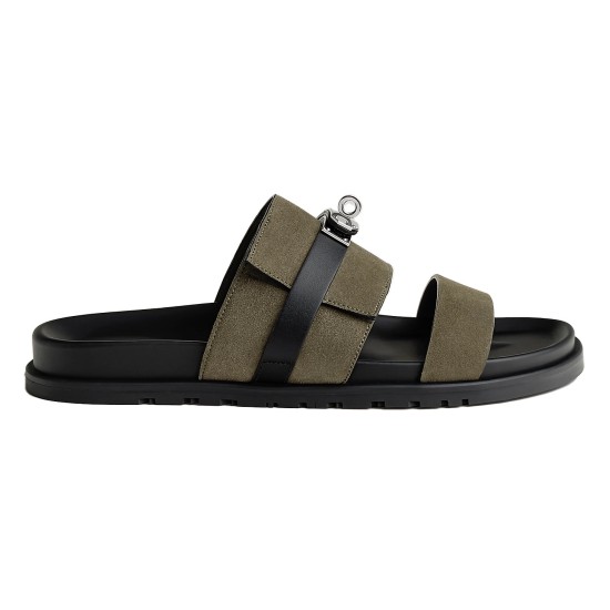 Hermes Jackson Vert Toundra Suede Slide Sandal Side View in silver Side profile of Hermes Jackson vert toundra suede slide sandal showcasing silver hardware