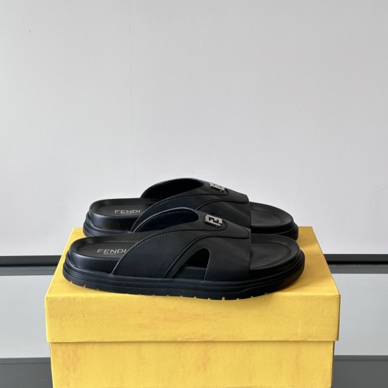Fendi Crisscross Leather Sandals In Black - Box Display Side profile of black Fendi crisscross sandals resting on a yellow brand box