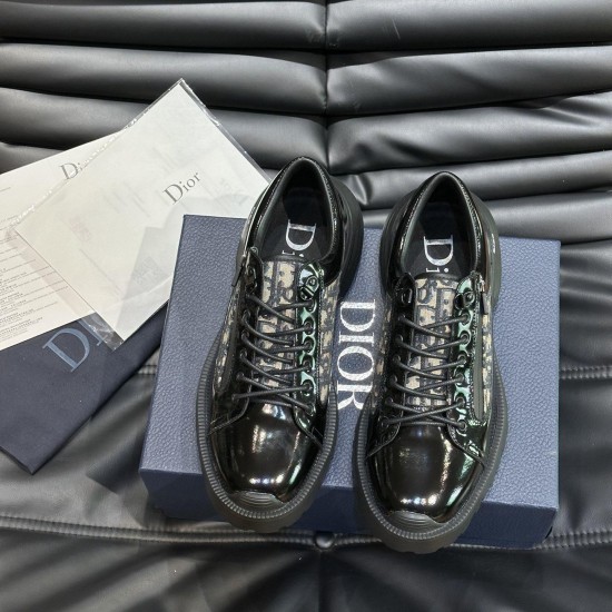 Top View of Dior Men's Black and Beige Derby Shoes Top down view of Dior men's black and beige lace-up derby shoes showing the jacquard tongue and rounded toe