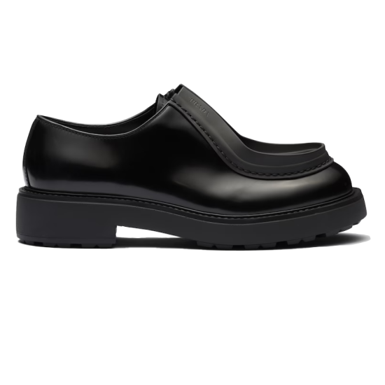 Profile view of black Prada Men's Diapason Opaque Brushed Leather Lace-Up Shoes showing thick lug sole