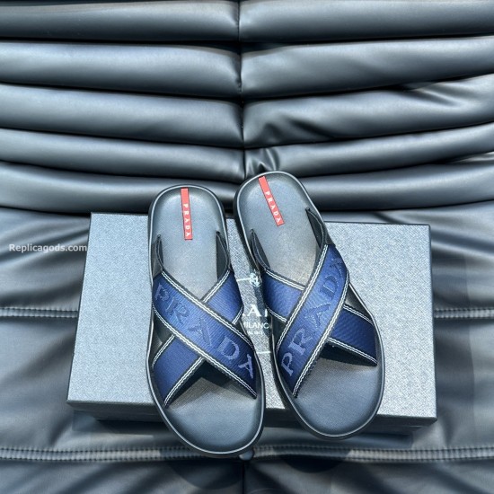replica BLUE BRUSHED LEATHER AND NYLON TAPE CRISSCROSS SLIDES - PDS20 UK