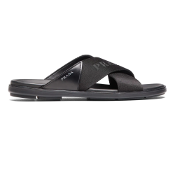 BLACK BRUSHED LEATHER AND NYLON TAPE CRISSCROSS SLIDES - PDS21 UK