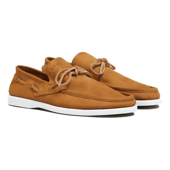 Marni Men's Brown Nubuck Boat Shoes Side Angle Marni Men's Brown Nubuck Leather Boat Shoes in side view