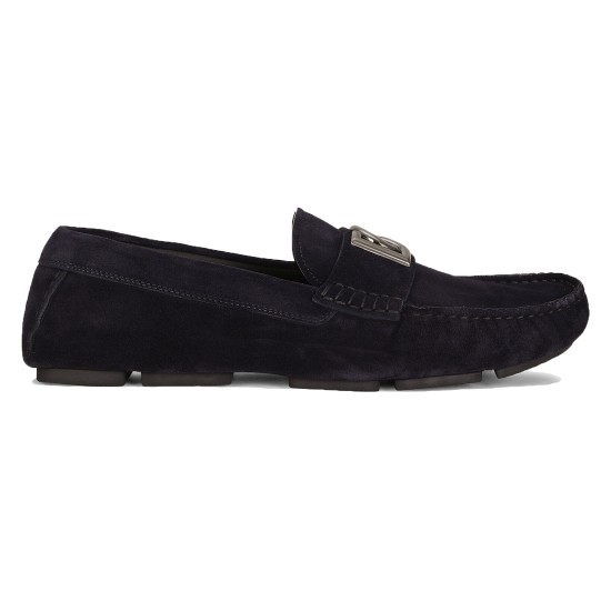 Dolce & Gabbana Men's Blue Suede Driver Shoes Side View in blue and silver Side profile view of Dolce & Gabbana Men's Blue Suede Driver Shoes showing the rubber pebble sole and silver-tone logo hardware.