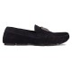 Dolce & Gabbana Men's Blue Suede Driver Shoes Side View in blue and silver Side profile view of Dolce & Gabbana Men's Blue Suede Driver Shoes showing the rubber pebble sole and silver-tone logo hardware.