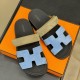 Hermes Chypre Sandals in blue and khaki top angle Top-down view of Hermes Chypre Sandals in blue and khaki resting on an orange box