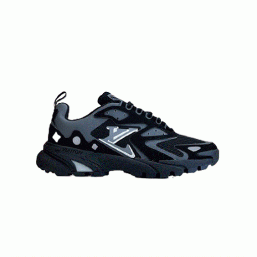 L Runner Tactic Low Top Mesh Trainers In Black And Grey isolated side profile shot