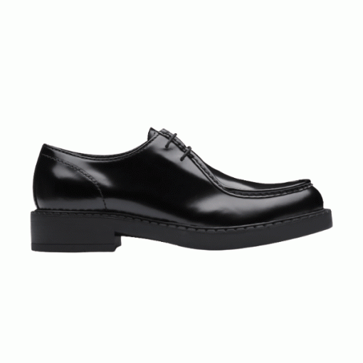 Prada Brushed Leather Monolith Profile View in black Profile shot of the sleek black Prada brushed leather monolith lace-up shoe