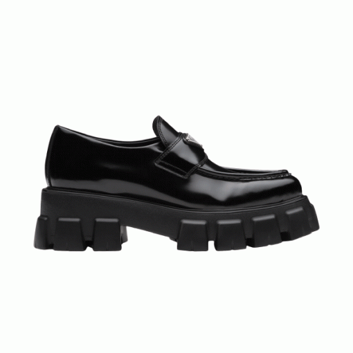 Prada Monolith Loafer Full Side View in black Full lateral side view of the black Prada Monolith brushed leather loafer