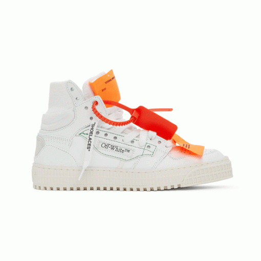 Off-White 3.0 Court High-Top Leather Trainers Studio View Studio profile shot of white Off-White 3.0 Court leather high-top trainers with orange accents