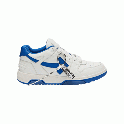 Off-White Out Of Office Low Top Trainer Isolated Profile Isolated side view of Off-White Out Of Office low top trainer in white leather with blue detailing